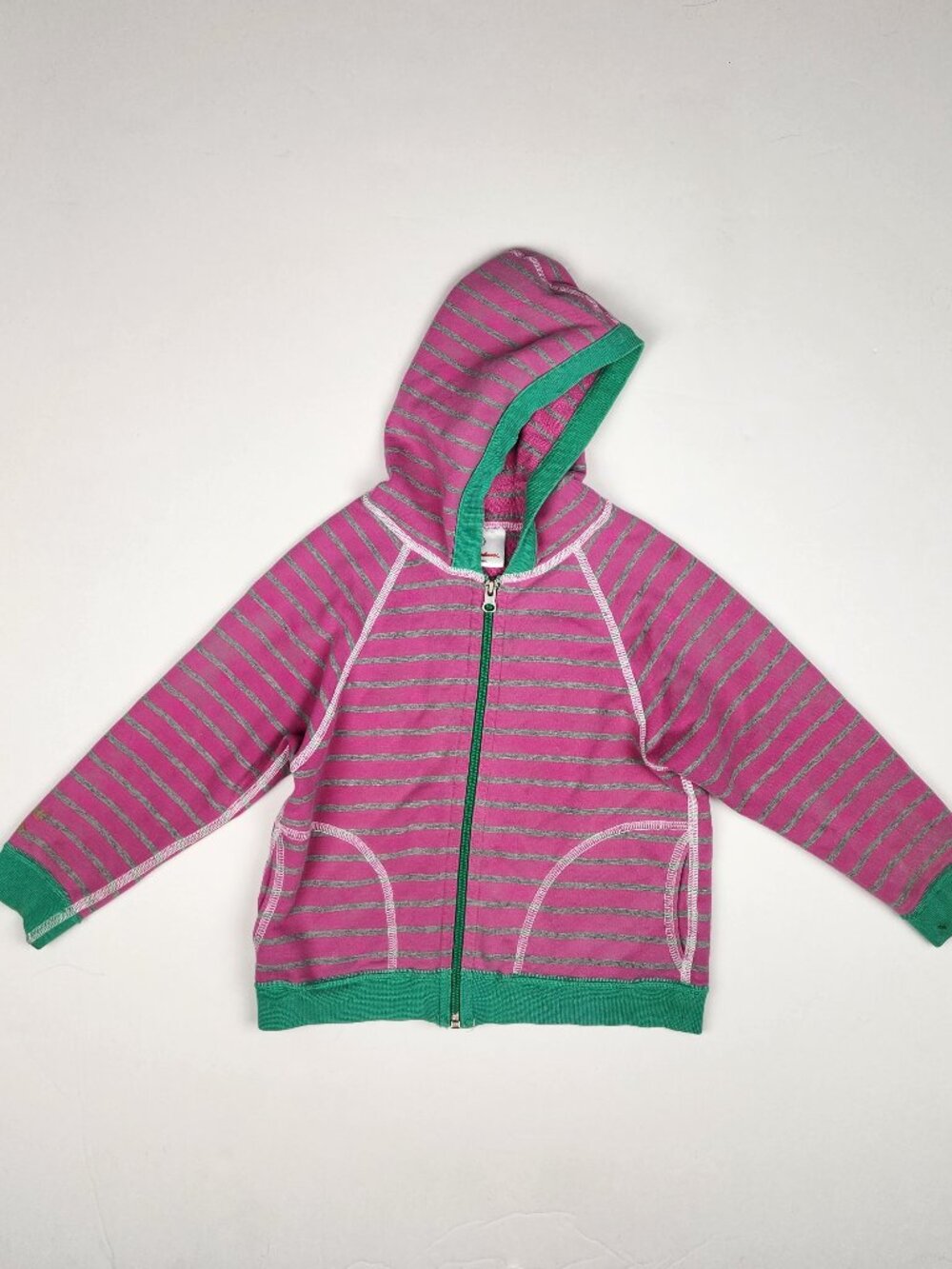 Hanna Andersson Pink Gray Green Striped Cotton Zip Hoodie sz 100cm US 4 Play